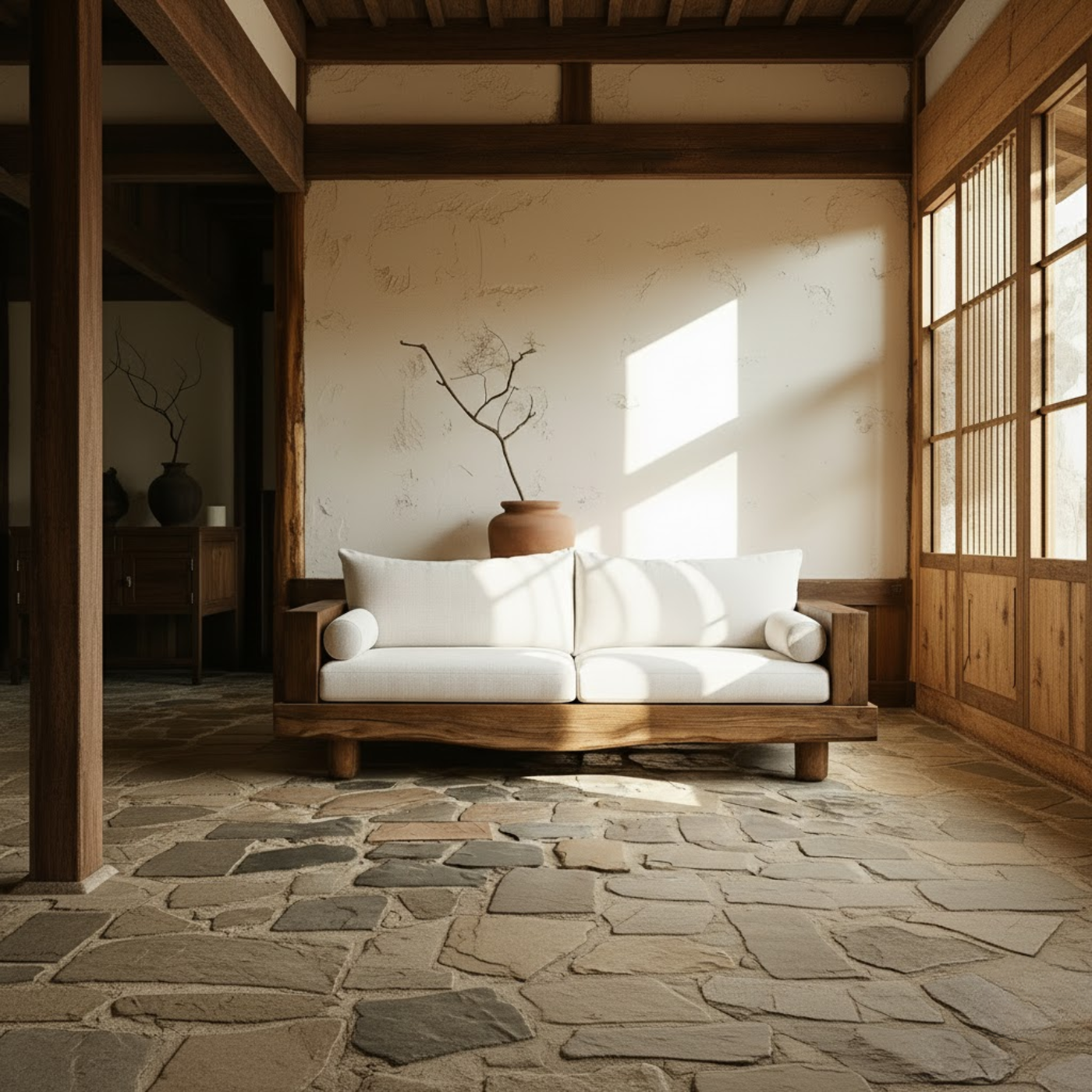 Handcrafted Solid Wood Sofa – Rustic Live Edge Wood Couch with Minimalist Linen Cushions Kitchnce