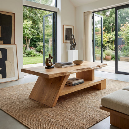 Angled Solid Wood Coffee Table With Open Shelf
