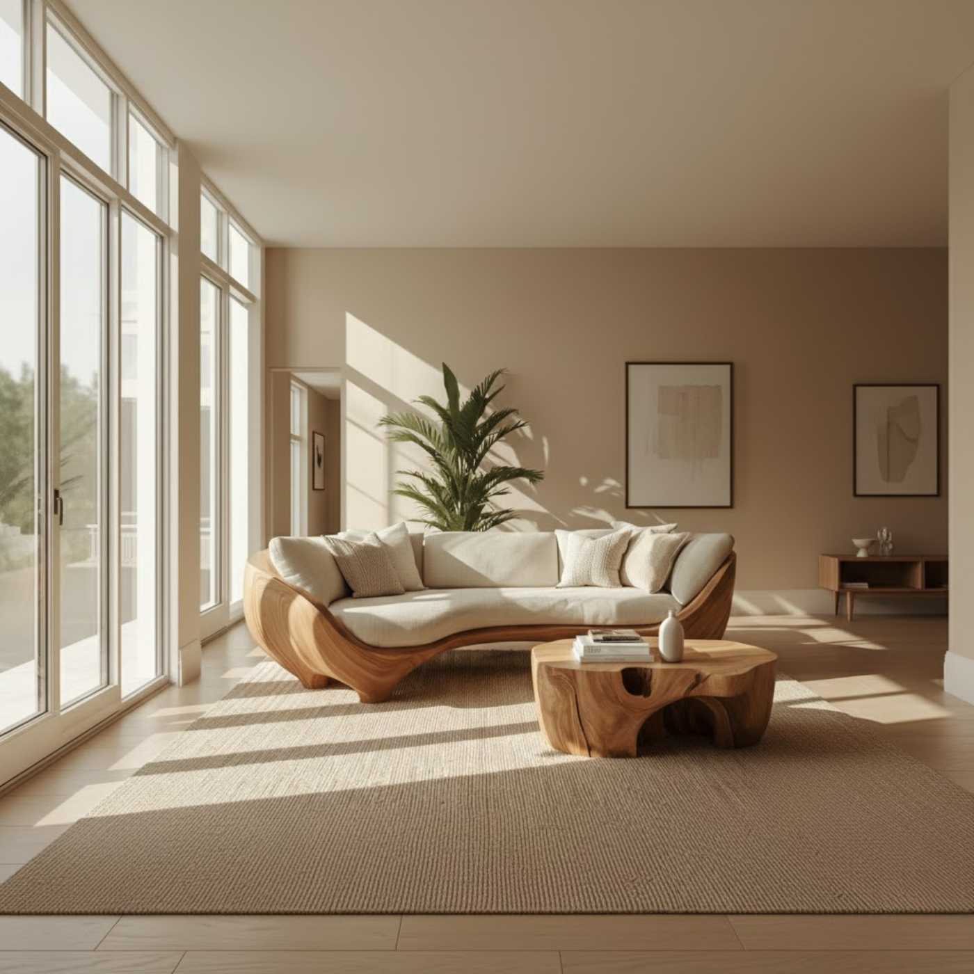Handcrafted Solid Walnut Sofa – Modern Sculptural Wood Couch with Smooth Organic Curves Kitchnce