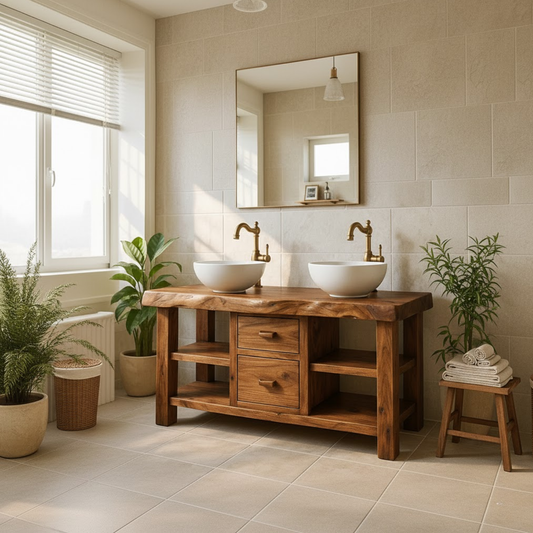 Solid Wood Double Bathroom Vanity with Open Shelving and Center Drawers