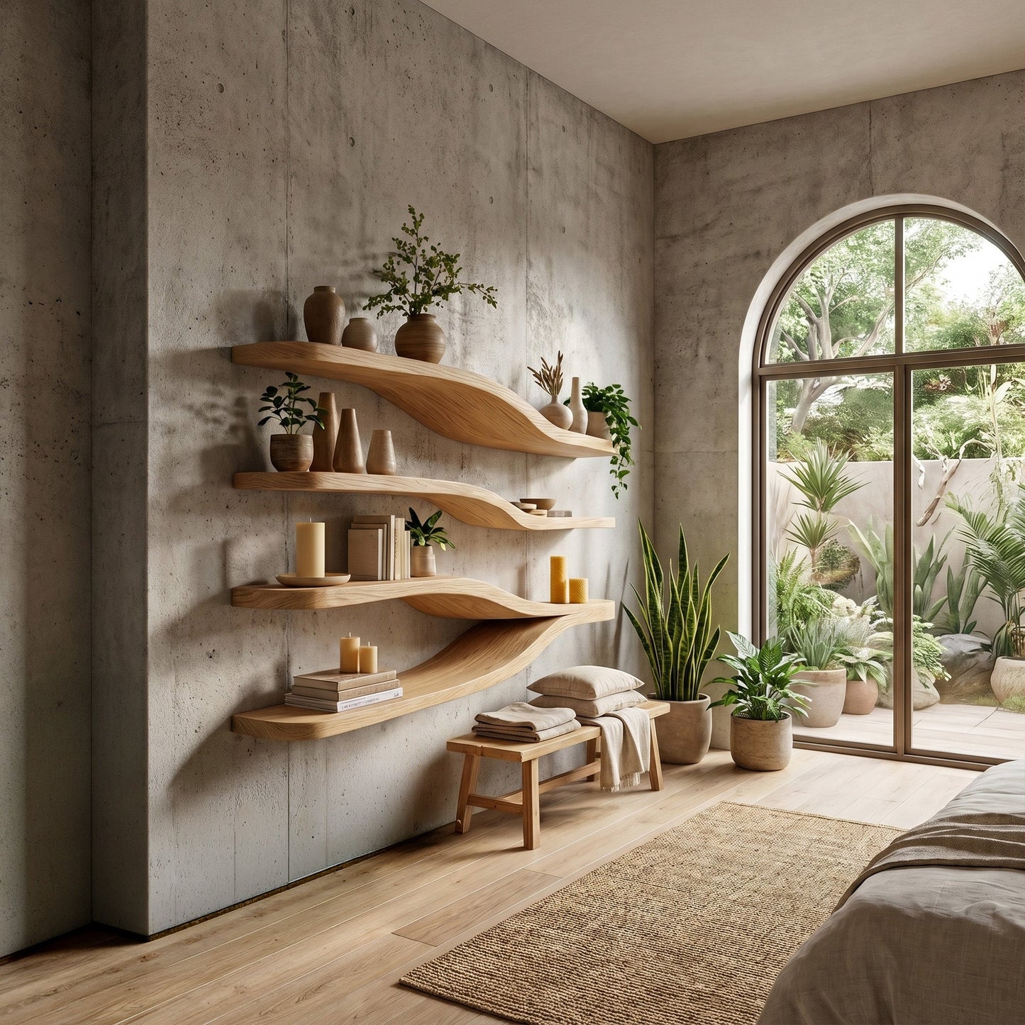 Flowing Wood Wall-Mounted Shelf With Layered Display