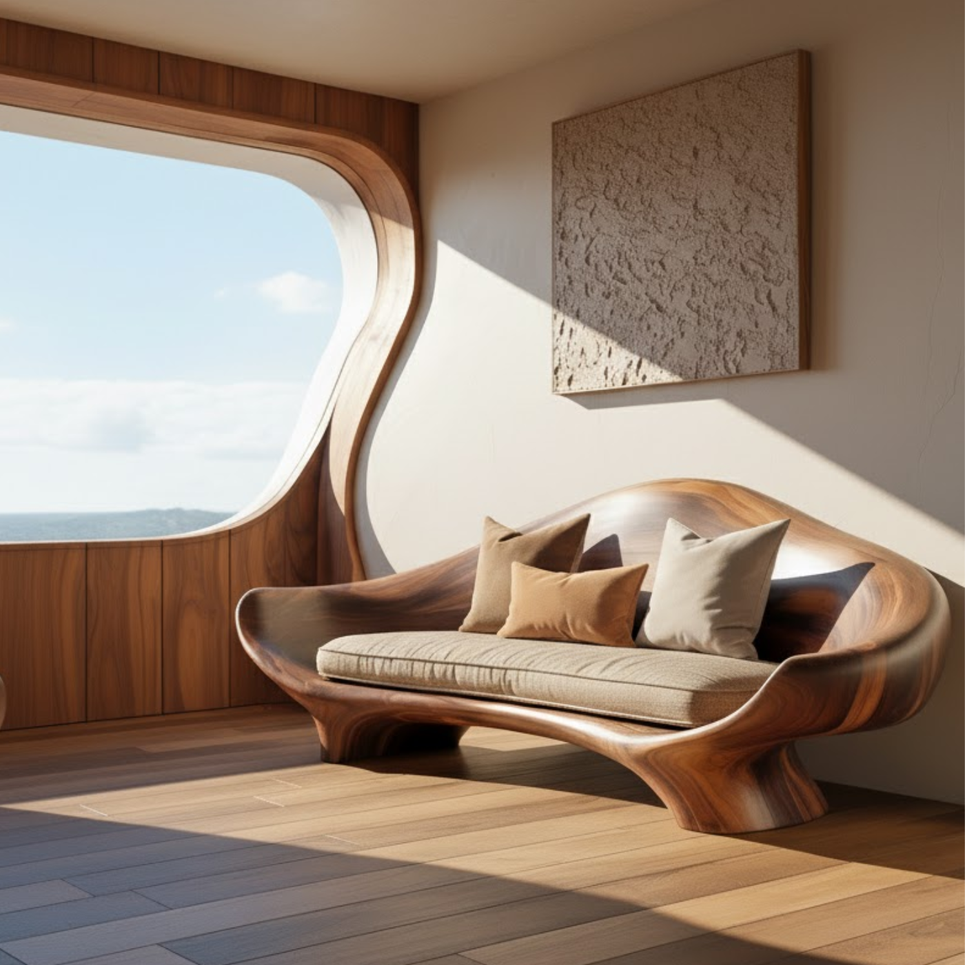 Handcrafted Solid Wood Sofa – Sculptural Organic Wood Couch with Smooth Curves and Linen Cushion Kitchnce