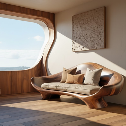 Handcrafted Solid Wood Sofa – Sculptural Organic Wood Couch with Smooth Curves and Linen Cushion Kitchnce