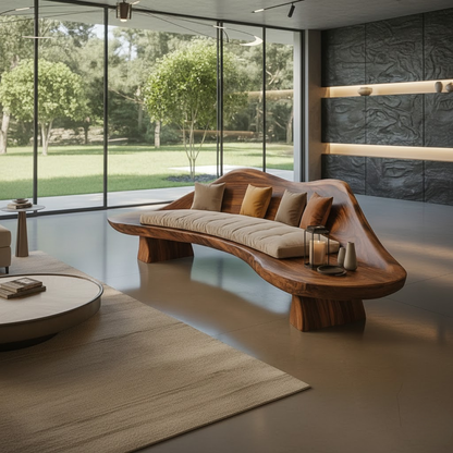 Handcrafted Solid Wood Sofa – Sculptural Wave-Form Wood Couch with Organic Curves and Cushion Seat Kitchnce