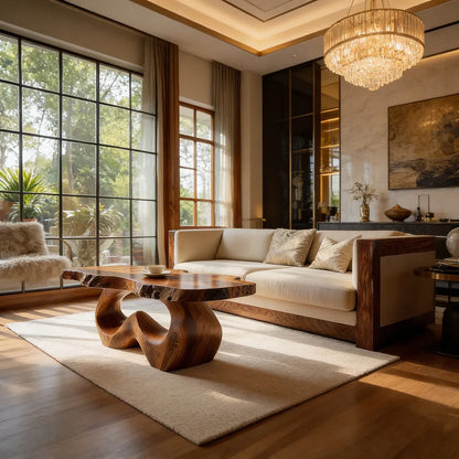 Live Edge Natural Wood Coffee Table with Sculpted Open-Form Base
