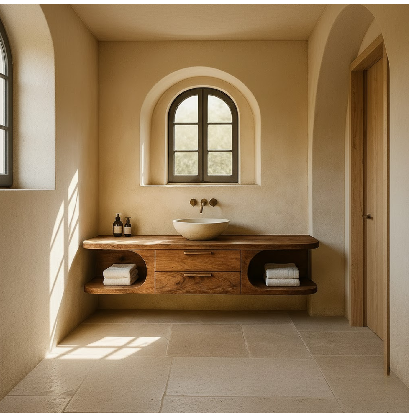 Handcrafted Solid Wood Floating Vanity - Organic Console with Curved Edges and Storage Nooks Kitchnce