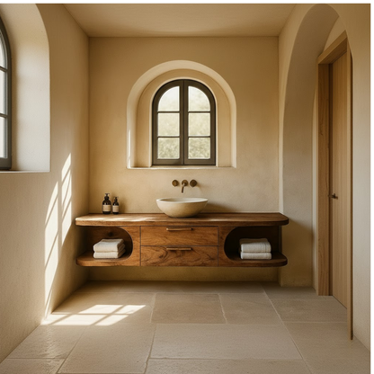 Handcrafted Solid Wood Floating Vanity - Organic Console with Curved Edges and Storage Nooks Kitchnce