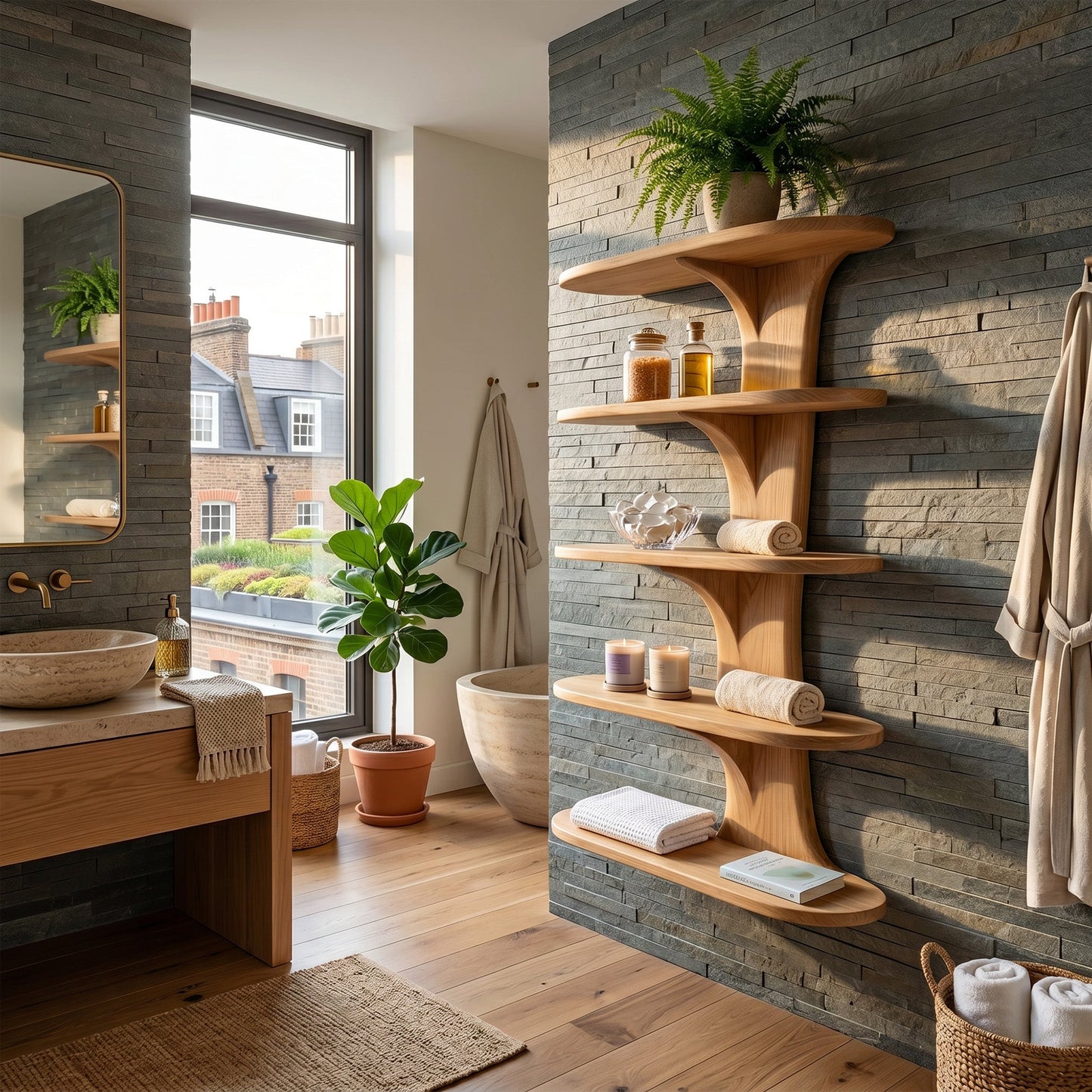Vertical Wood Kitchen Wall Shelf With Open Display