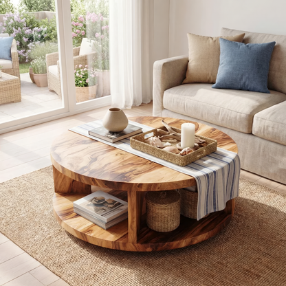 Round Solid Wood Coffee Table with Open Shelf Storage
