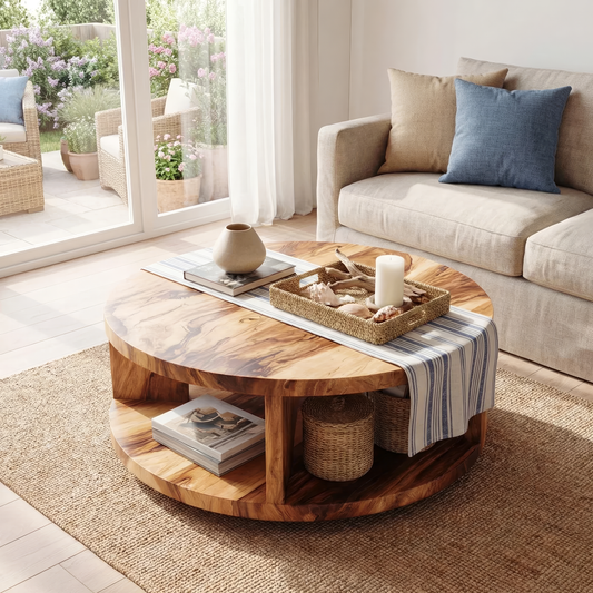 Round Solid Wood Coffee Table with Open Shelf Storage