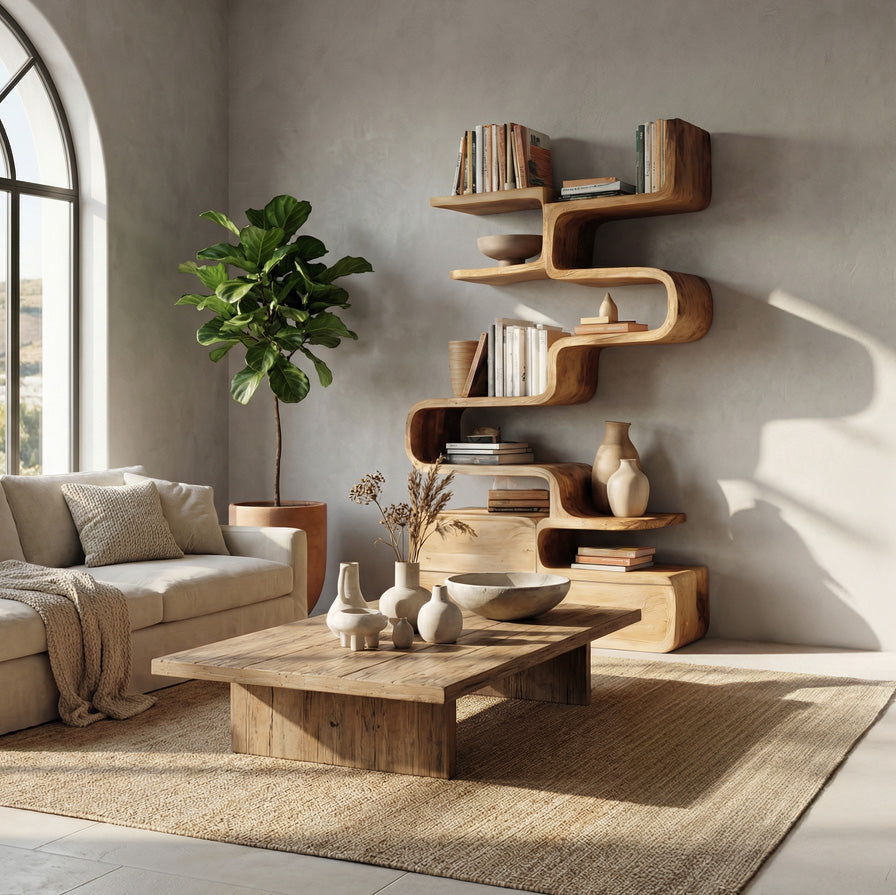 Scandinavian Sculptural Wooden Bookshelf With Organic Shape For Living Room Kitchnce