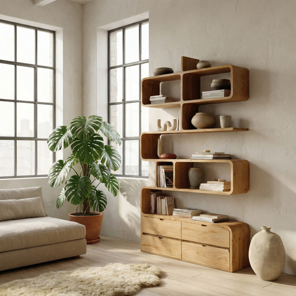 Minimalist Bookshelf With Curved Lines And Storage For Living Kitchnce