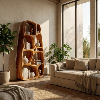 Handcrafted Wooden Sculptural Bookshelf For Living Room Kitchnce