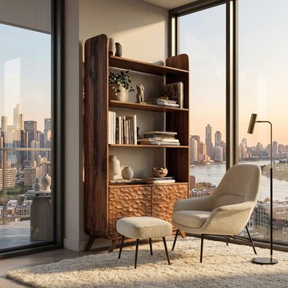 Contemporary Wooden Bookshelf With Sculpted Door Panels For Living Kitchnce