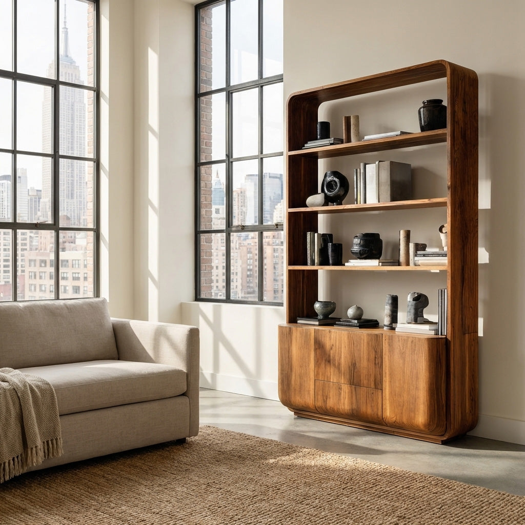 Modern Wooden Bookshelf With Round Edges For Living Room Kitchnce