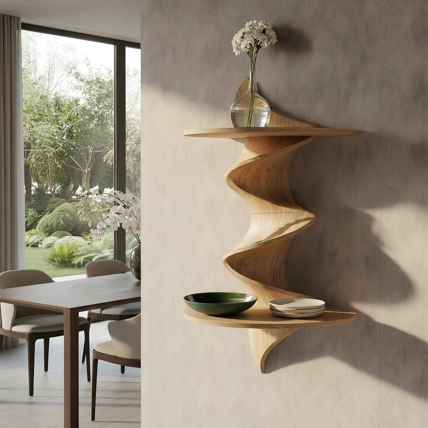 Sculptural Wave Wall Mounted Shelf in Natural Wood