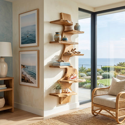Vertical Wood Corner Wall Shelf With Sculptural Display