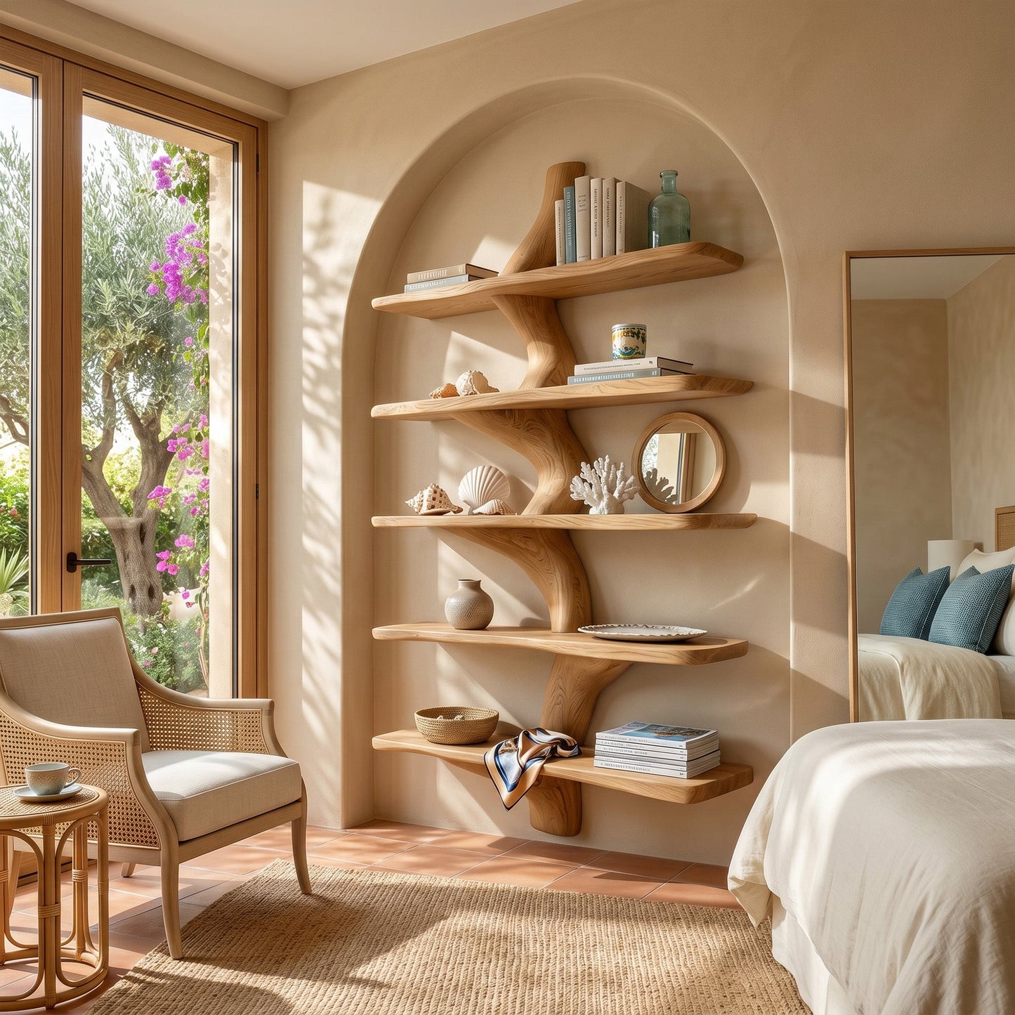 Organic Wood Kitchen Wall Shelf With Layered Display