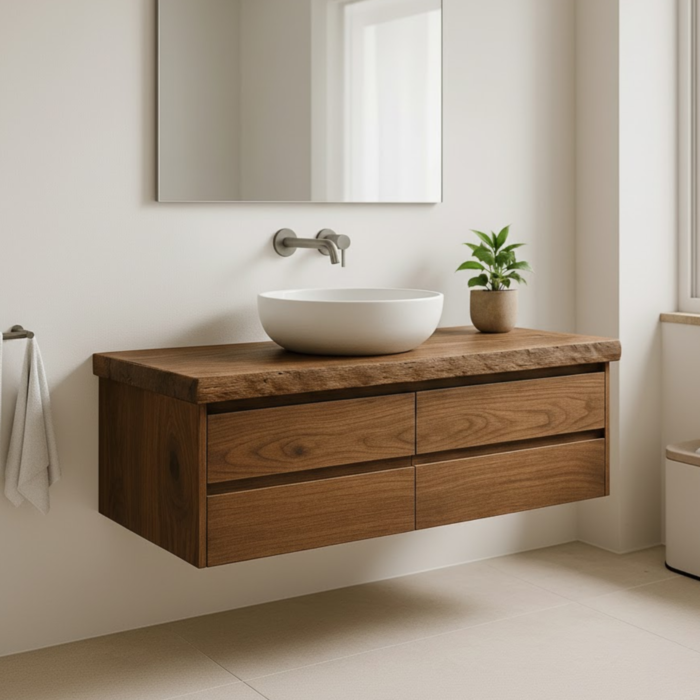 Handcrafted Solid Wood Floating Vanity - Live Edge Walnut Console with Max Storage 4-Drawer Kitchnce