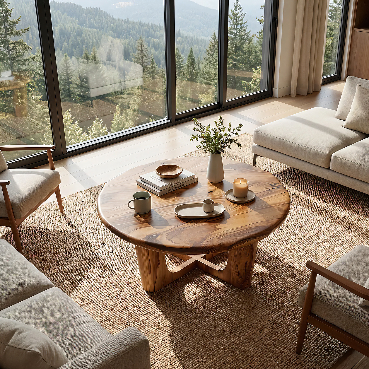 Round Live Edge Coffee Table with Open Cross Base Design