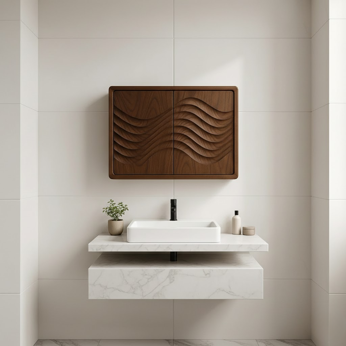 Handcrafted Solid Wood Wall Cabinet with Sculpted Wave Doors – Modern Artistic Bathroom Storage Kitchnce