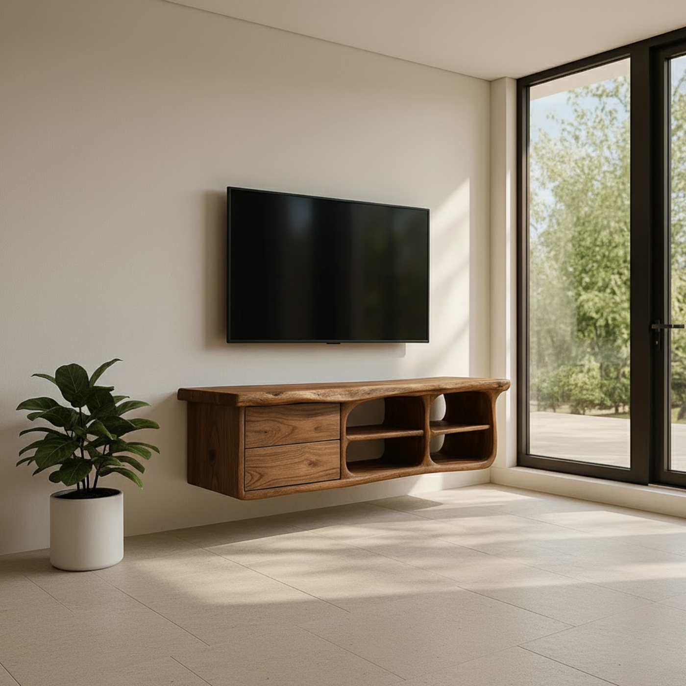 Handcrafted Solid Wood Floating TV Stand with Live Edge - Rustic Modern Media Console Kitchnce