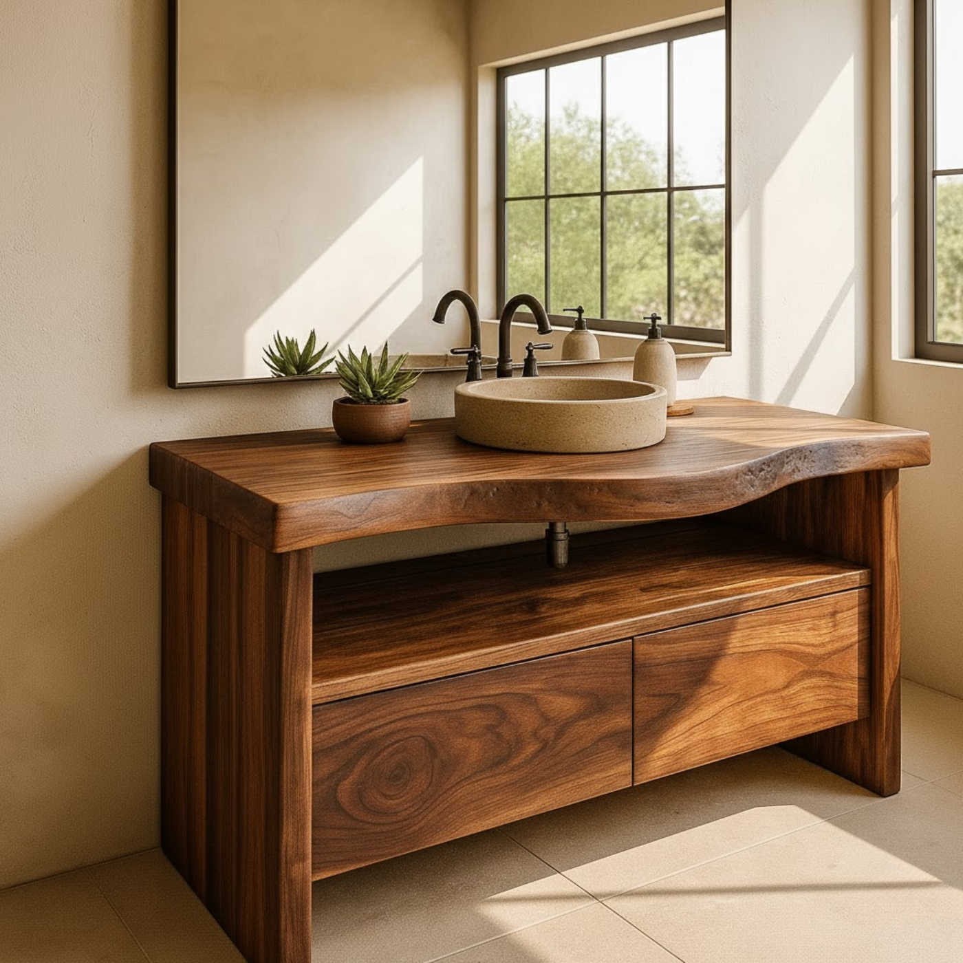 Handcrafted Solid Wood Bathroom Vanity with Live-Edge Walnut Top and Modern Storage Drawers Kitchnce