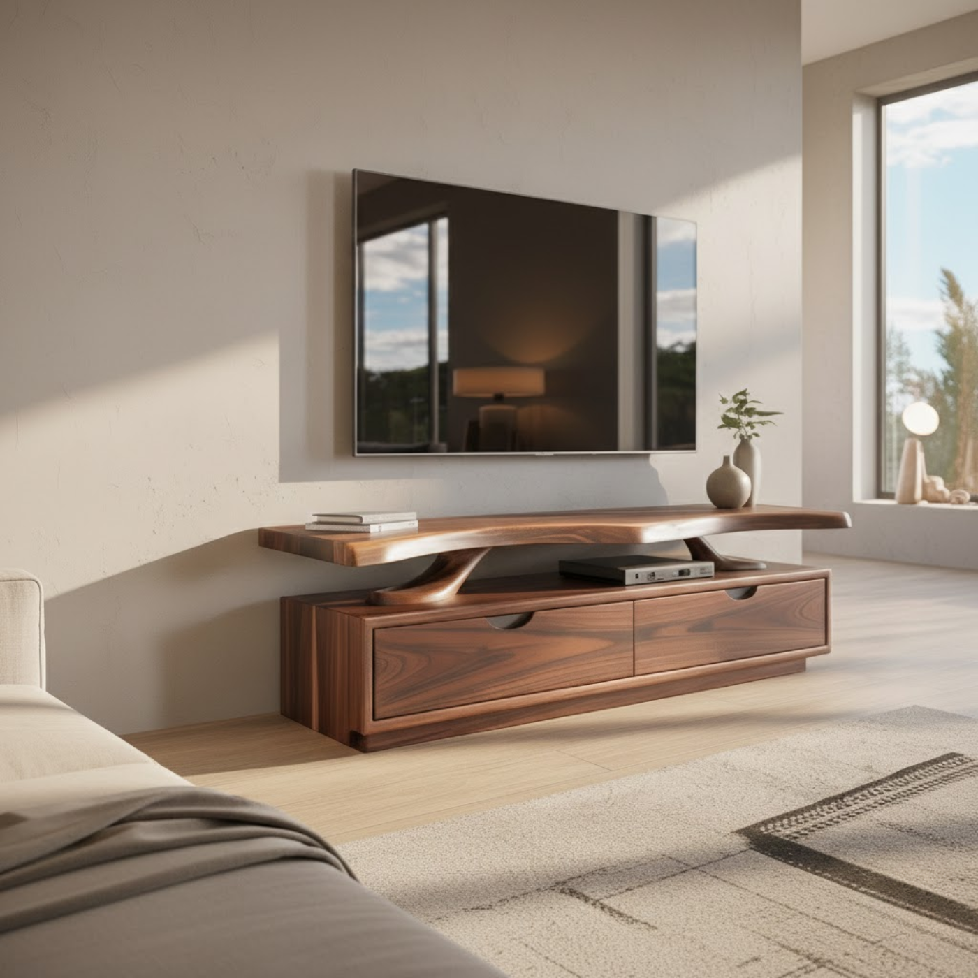 Handcrafted Solid Wood TV Stand with Sculpted Live-Edge Floating Shelf Kitchnce