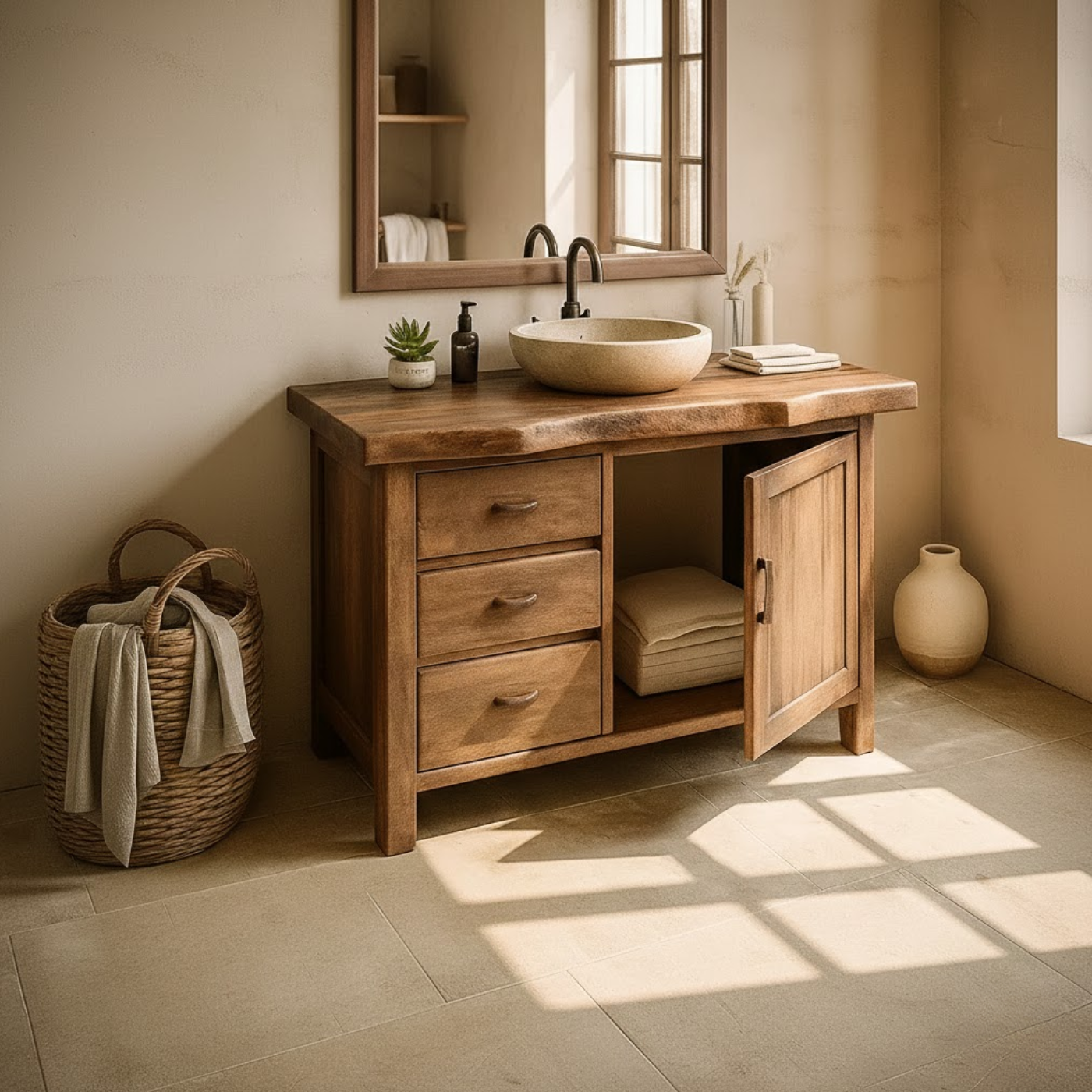 Handcrafted Solid Wood Bathroom Vanity with Live-Edge Top and Storage Drawers Kitchnce