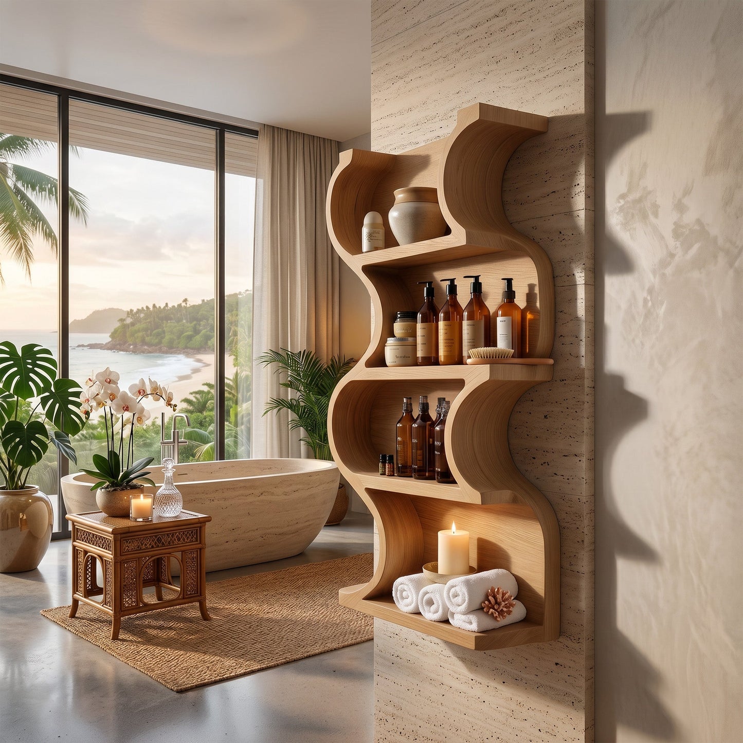 Vertical Wood Wall Shelf With Curved Open Display