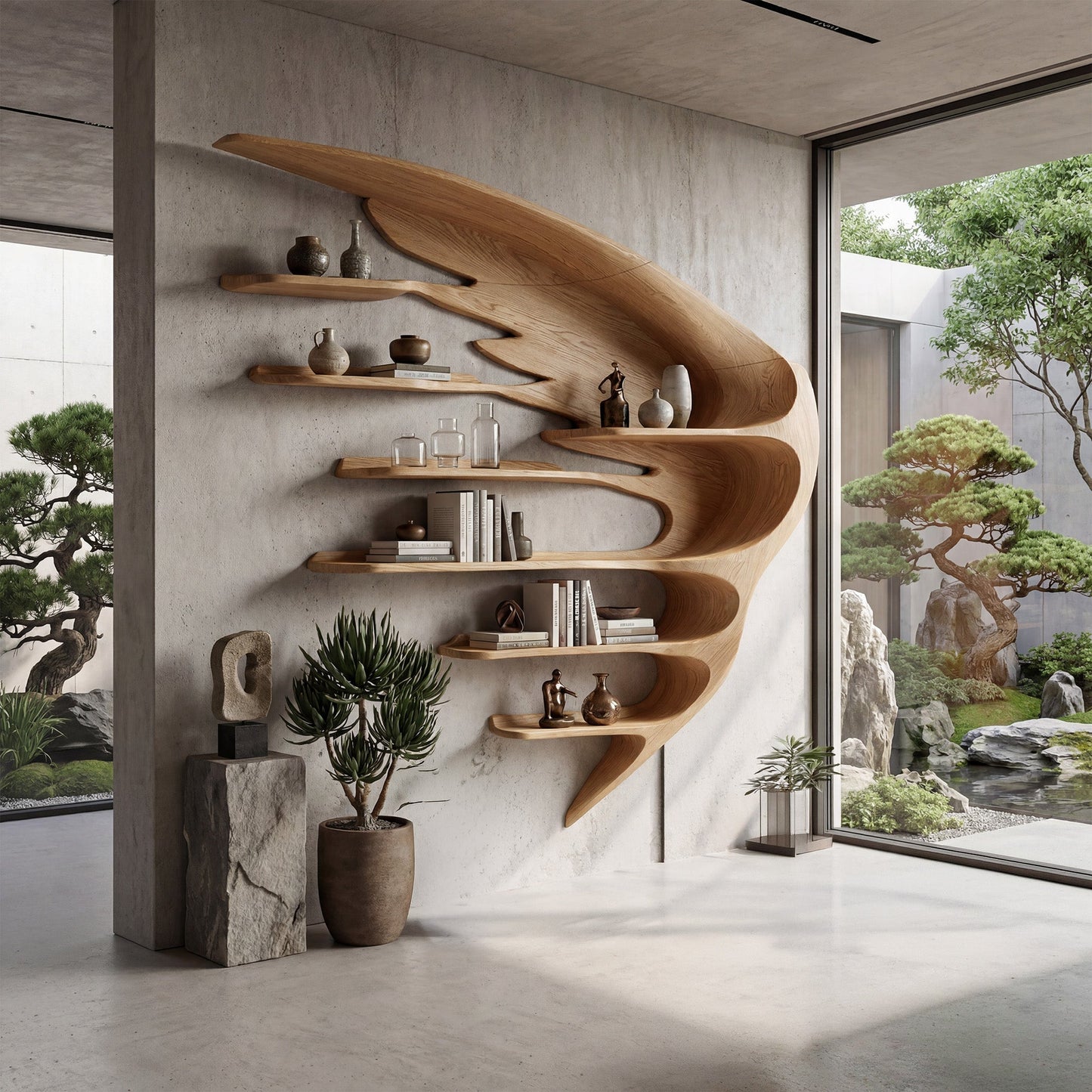 Wing Form Wood Wall Shelf With Open Display