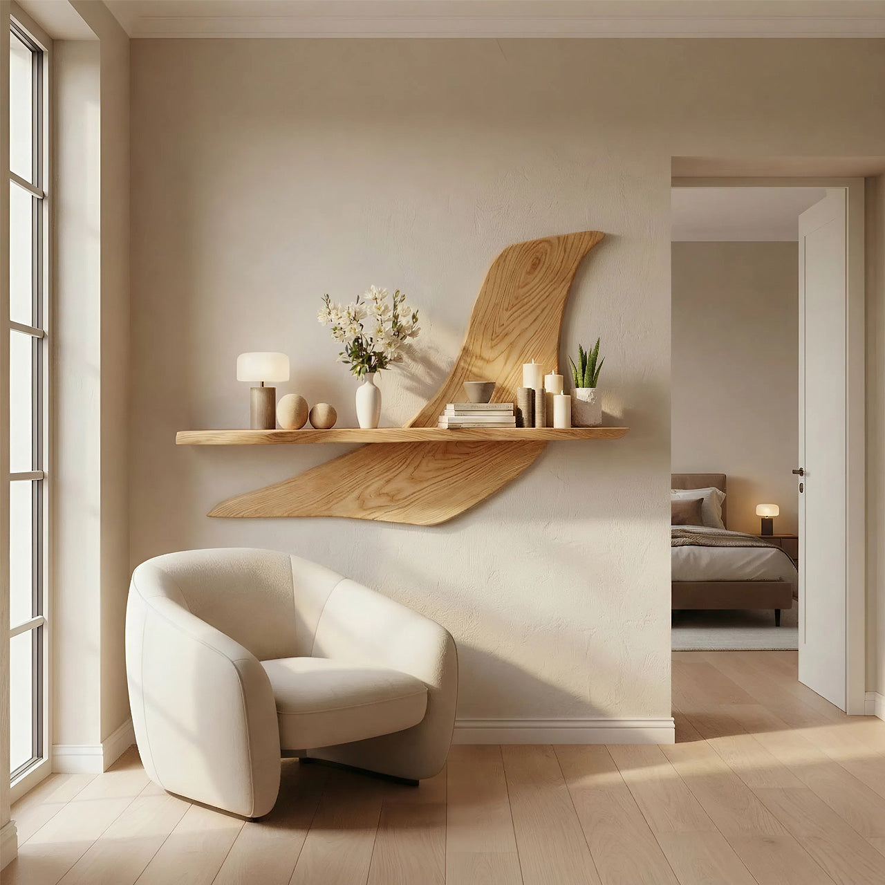 Asymmetrical Wall-Mounted Shelf in Natural Wood with Sculptural Form