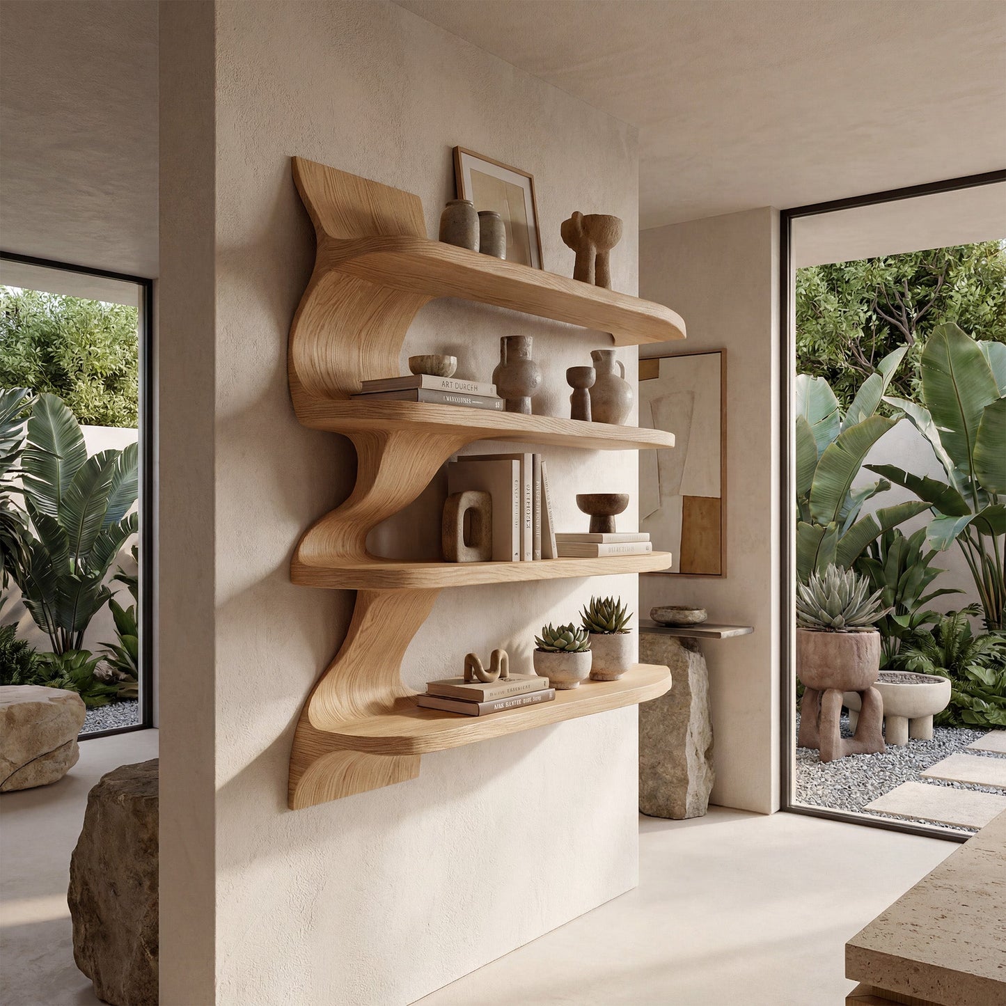 Organic Wood Dining Wall Shelf With Open Storage
