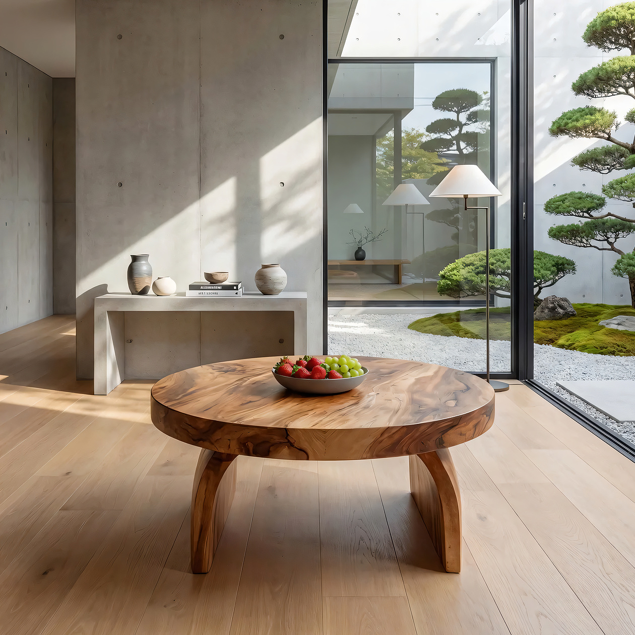 Round Solid Wood Coffee Table with Sculptural Block Base