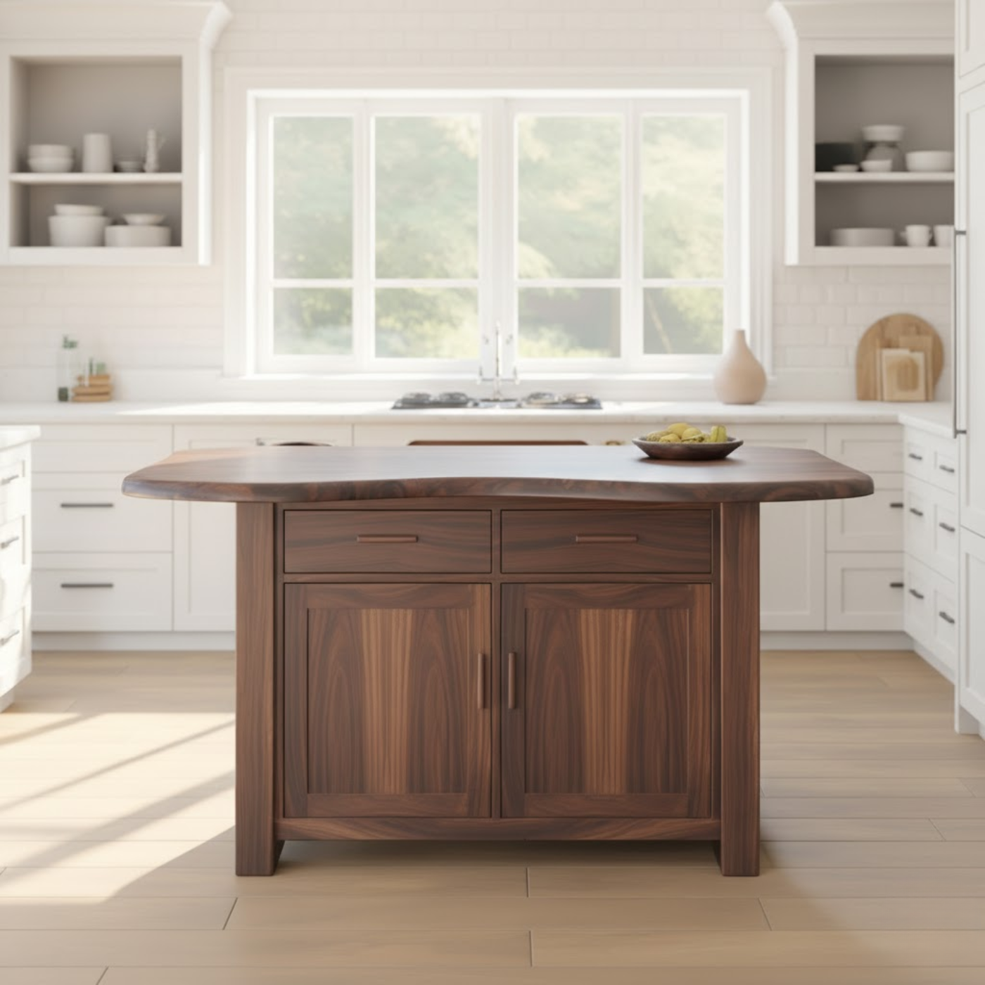 Handcrafted Solid Wood Kitchen Island with Live-Edge Curved Top and Spacious Storage Kitchnce