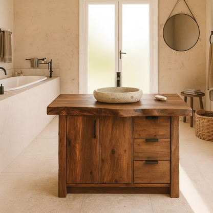 Handcrafted Solid Wood Bathroom Vanity with Live-Edge Top and Modern Storage Drawers Kitchnce