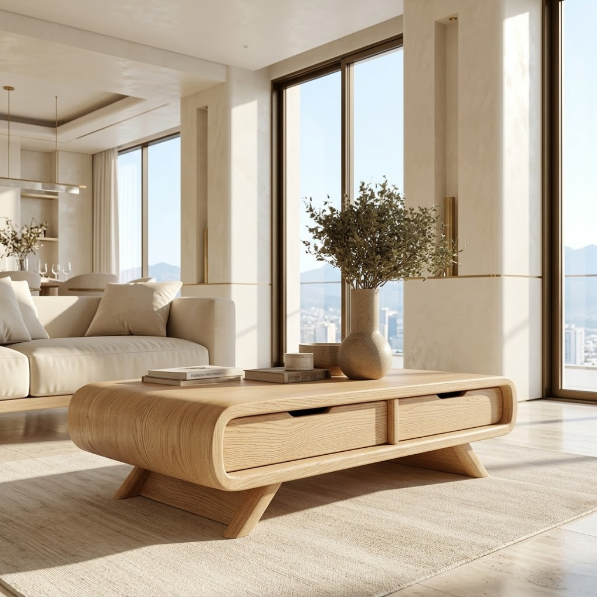 Modern Storage Coffee Table with Drawers, Minimalist Rounded Living Room Centerpiece