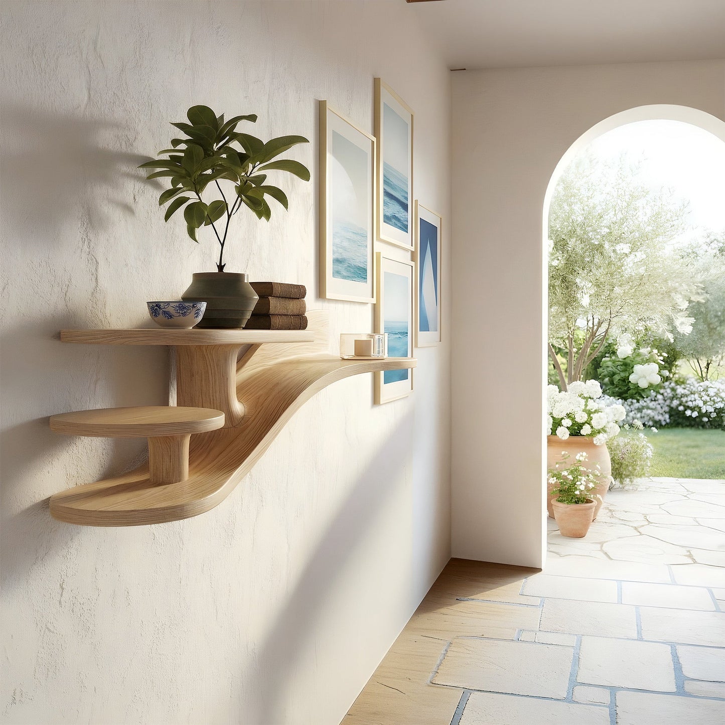 Multi-Tier Organic Floating Wall Shelf in Natural Wood