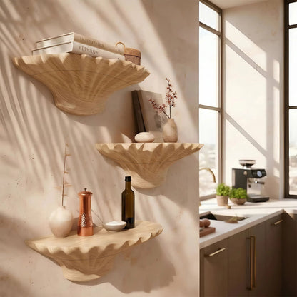 Organic Sculptural Floating Wall Shelf Set in Natural Wood