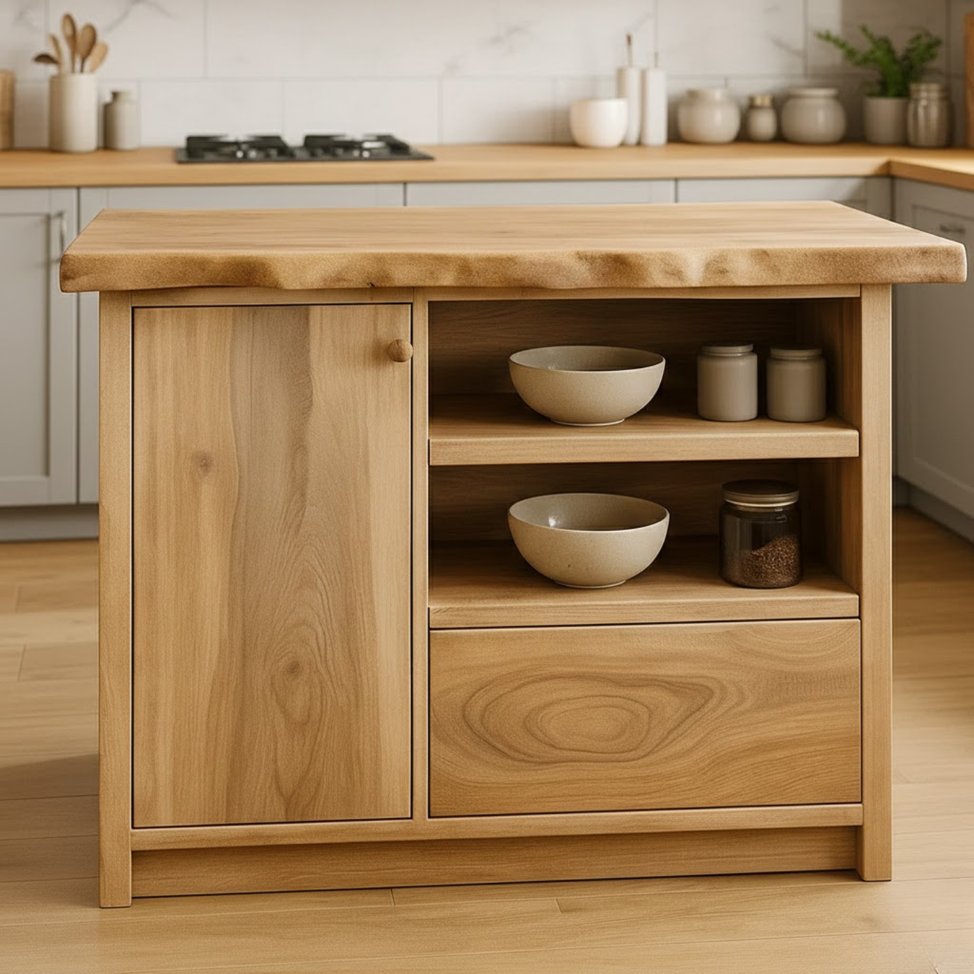 Handcrafted Solid Wood Kitchen Island with Live-Edge Top and Open Storage Shelves Kitchnce