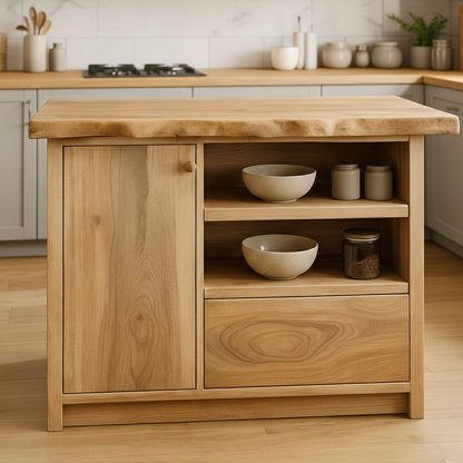 Handcrafted Solid Wood Kitchen Island with Live-Edge Top and Open Storage Shelves Kitchnce