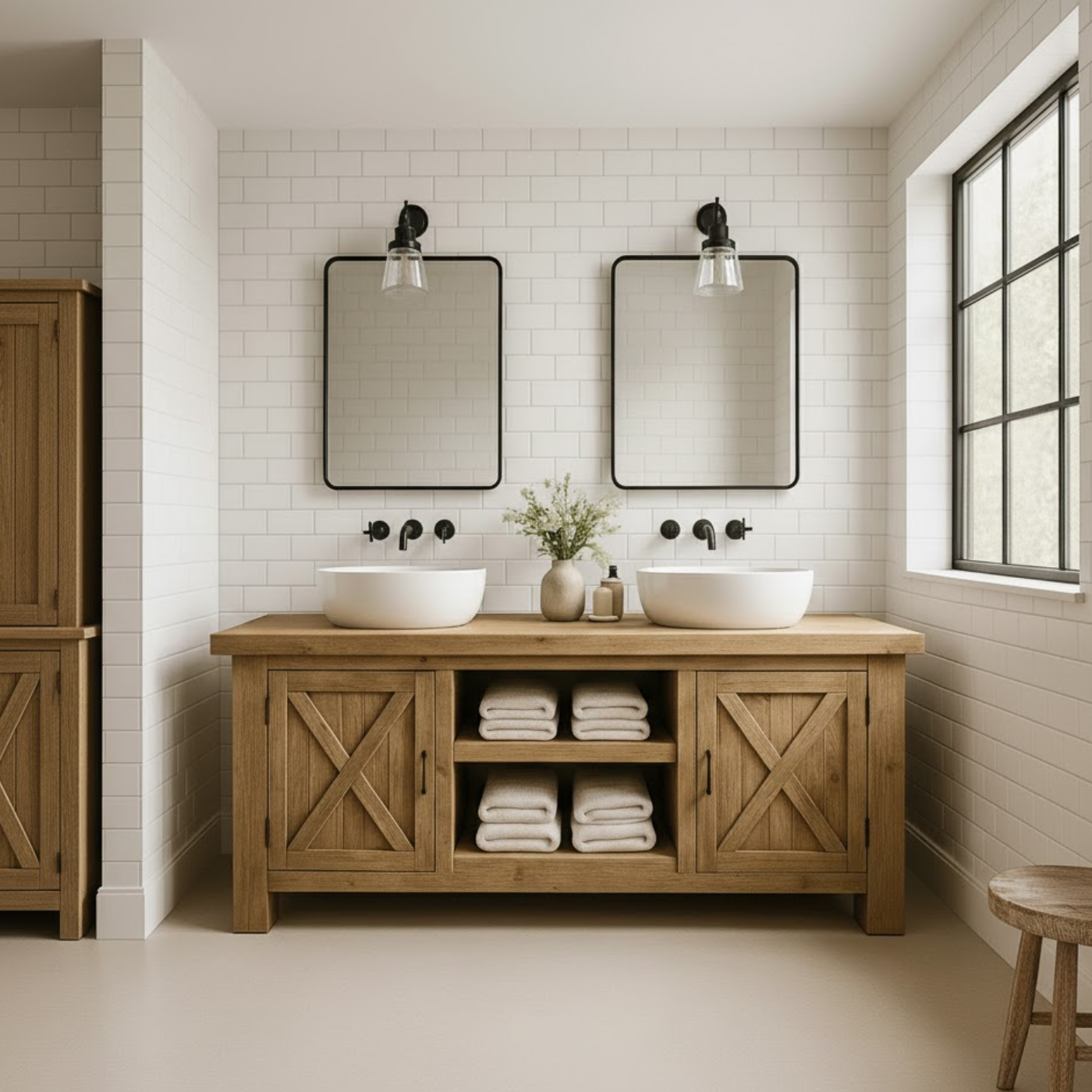 Handcrafted Solid Wood Bathroom Vanity - Farmhouse Double Sink Cabinet - Rustic Oak Storage Furniture Kitchnce