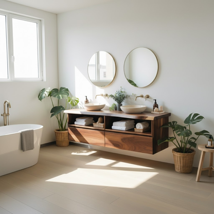 Handcrafted Solid Wood Floating Bathroom Vanity with Open Shelves & Soft-Close Drawers Kitchnce