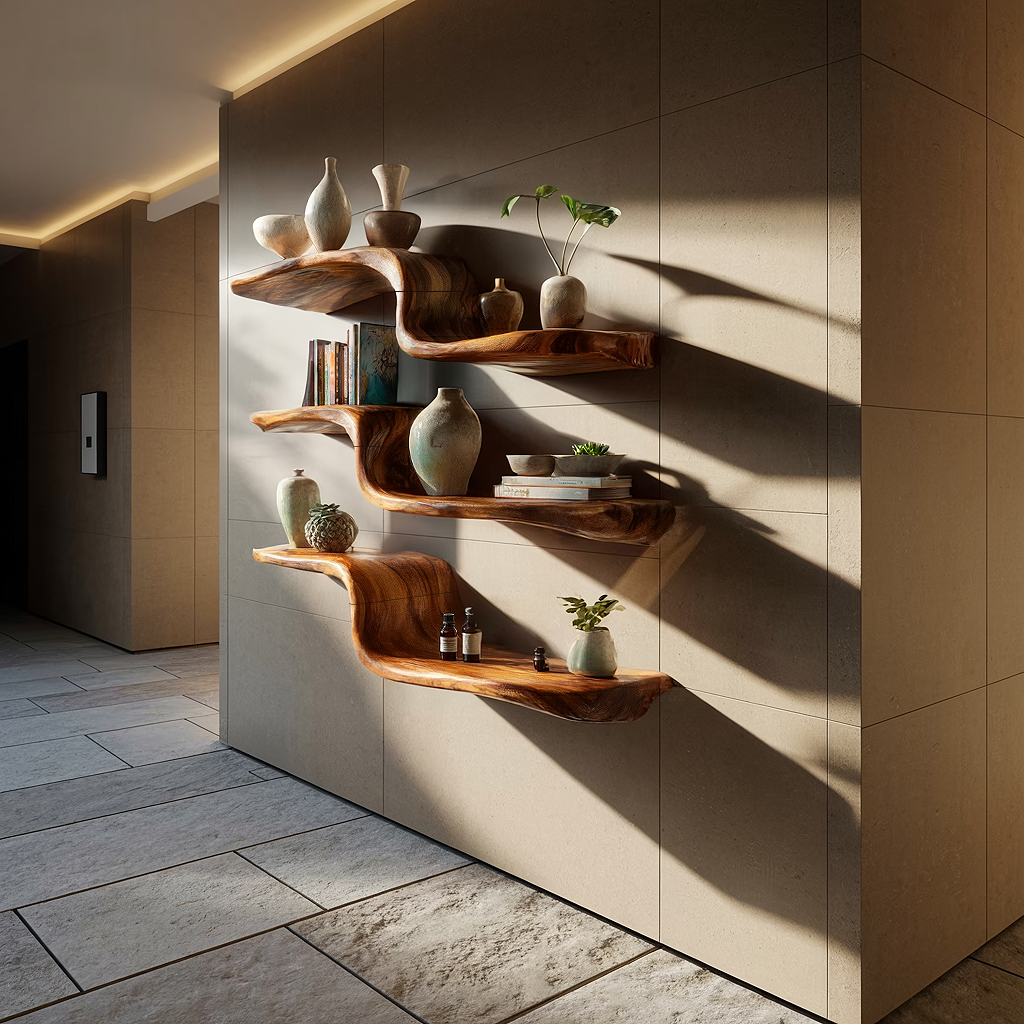 Natural Wood Floating Wall Shelf with Curved Layered Design