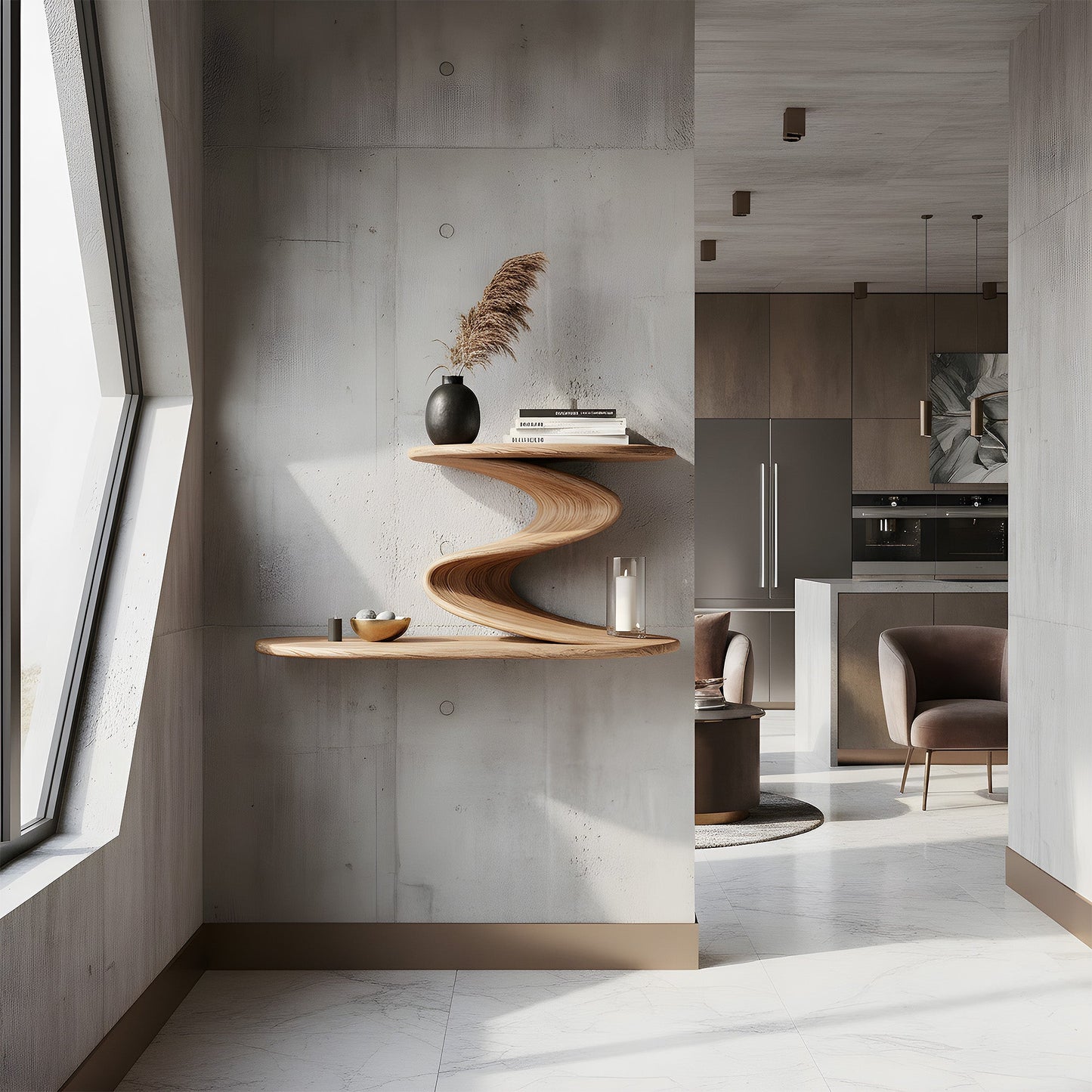 S-Shaped Sculptural Floating Wall Shelf with Dual Levels