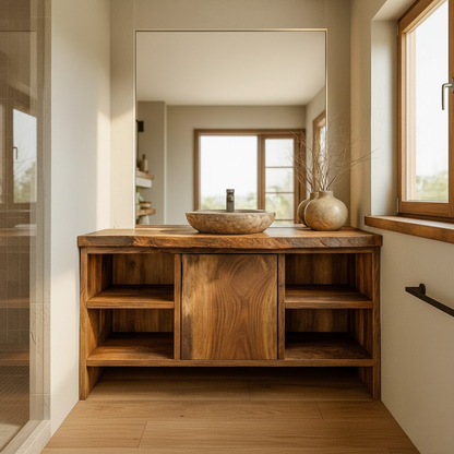 Handcrafted Solid Wood Bathroom Vanity with Central Sliding Door & Open Storage Shelves Kitchnce