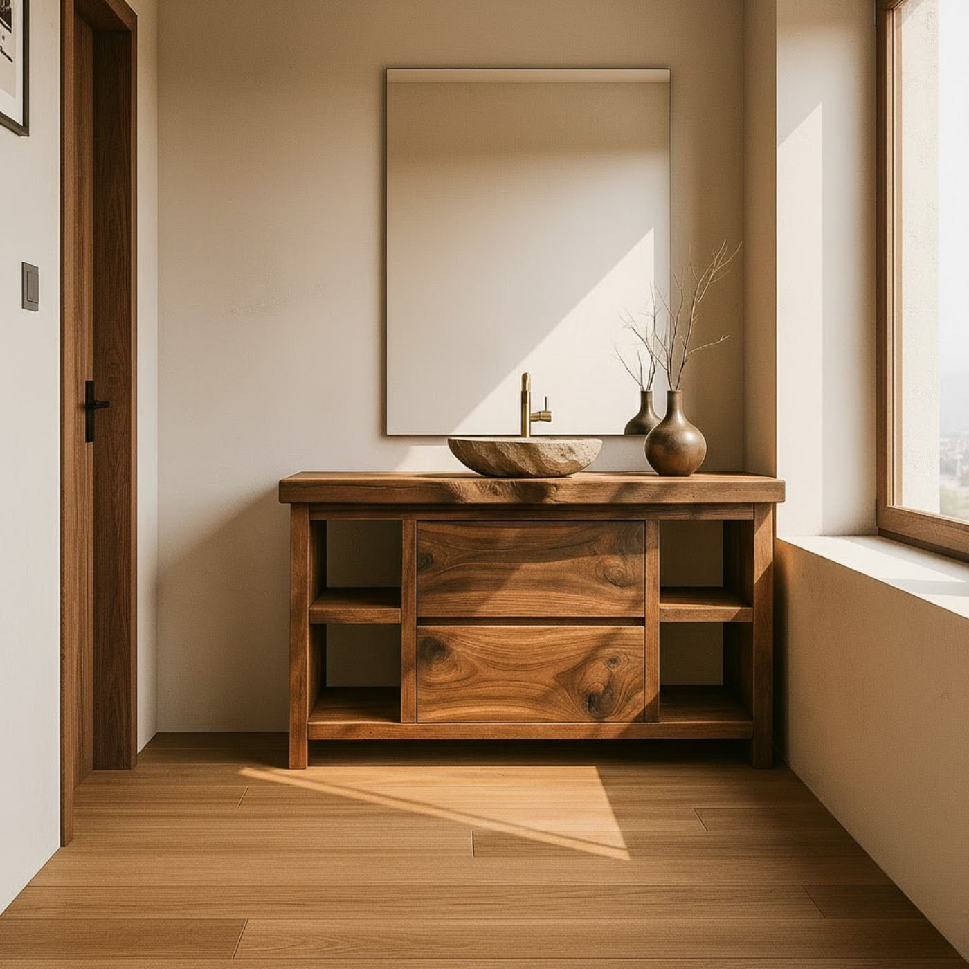 Handcrafted Solid Wood Bathroom Vanity with Live Edge Top and Curved Drawer Design Kitchnce