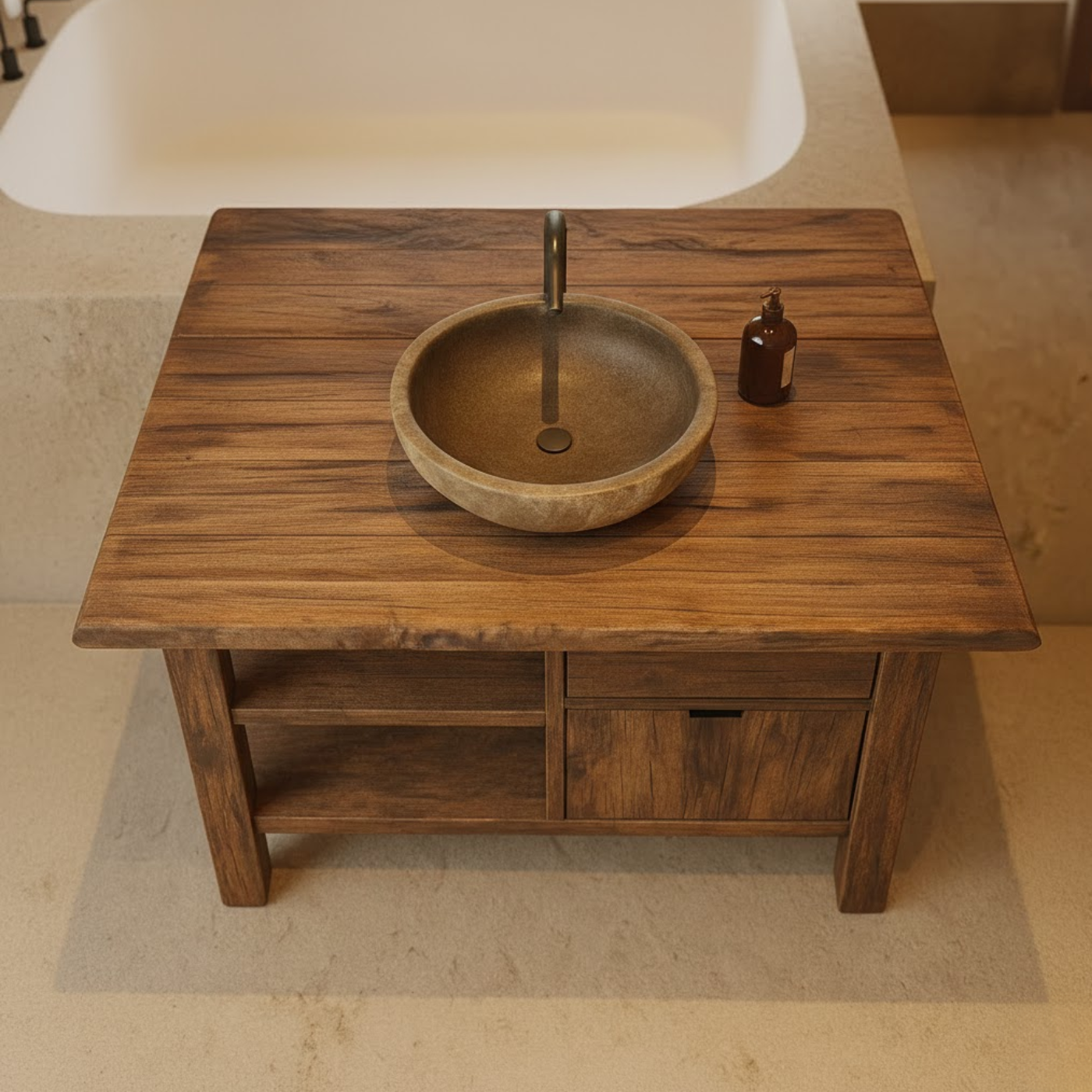Handcrafted Solid Wood Bathroom Vanity with Open Shelves and Soft-Close Storage Kitchnce