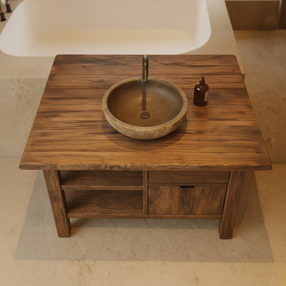 Handcrafted Solid Wood Bathroom Vanity with Open Shelves and Soft-Close Storage Kitchnce