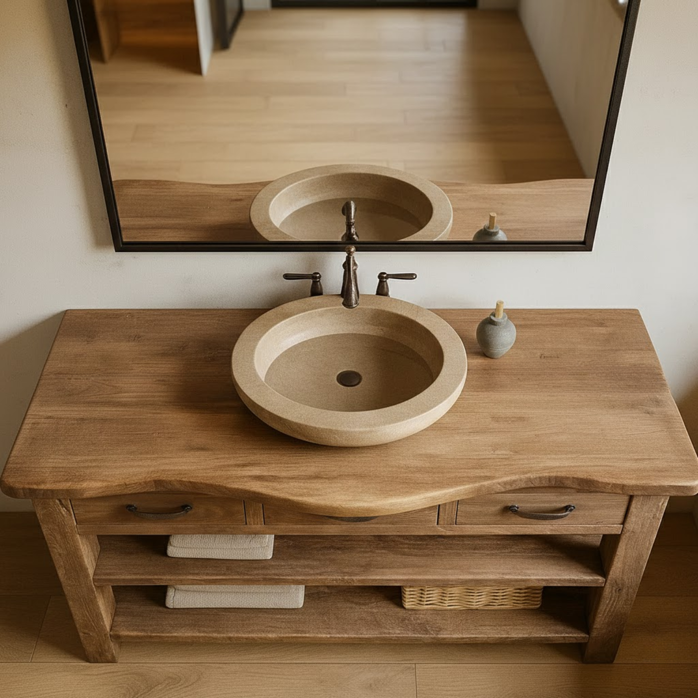 Handcrafted Solid Wood Bathroom Vanity with Curved Live-Edge Top and Triple Storage Drawers Kitchnce